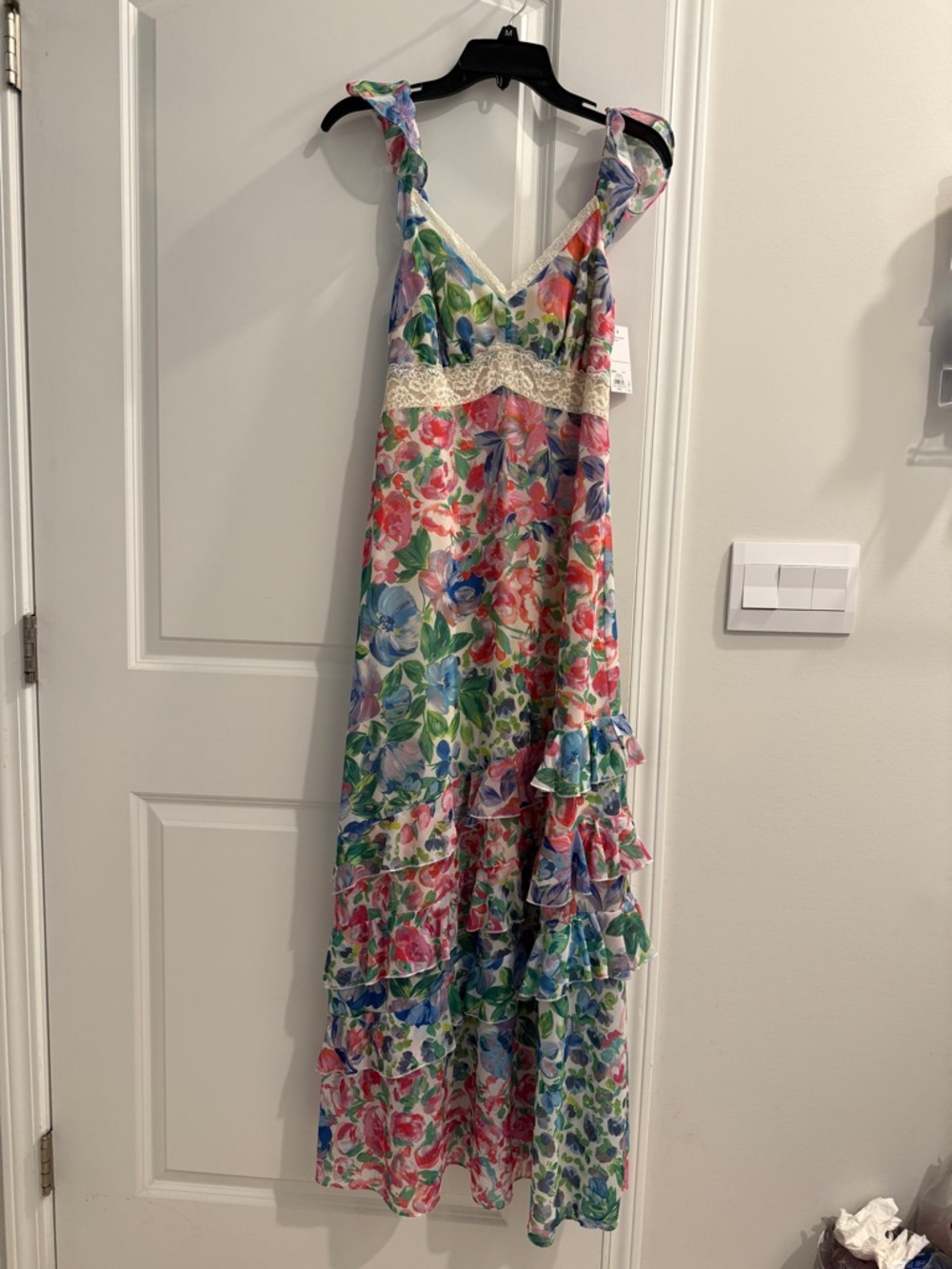 Pink Floral Maxi Dress with Blue & Green Accents